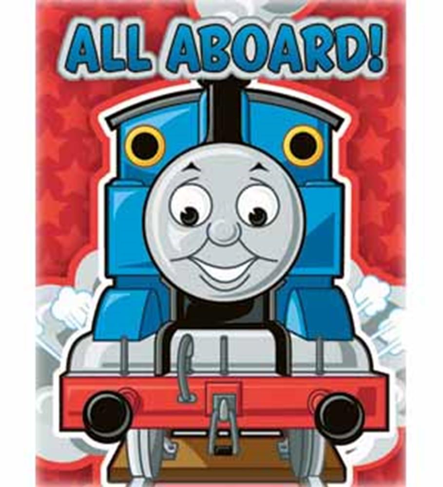 Colorful birthday invitation featuring a smiling blue train engine with "All Aboard!" text on a red star-patterned.
