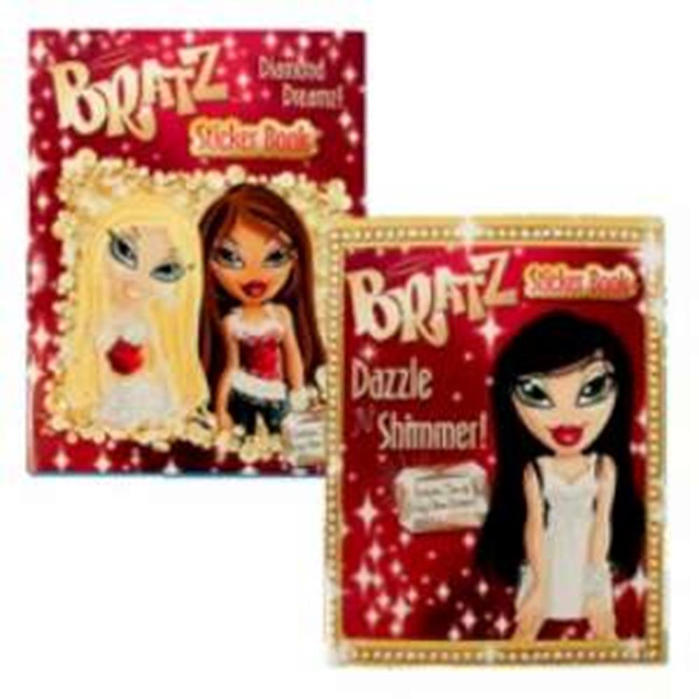 Two Bratz sticker books featuring sparkling red and gold covers with illustrated Bratz dolls in trendy outfits.