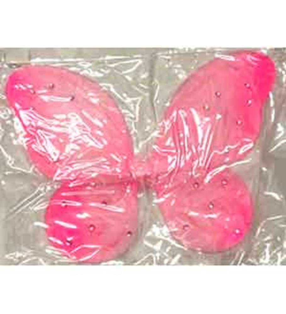 Pink butterfly-shaped wings with glitter accents, made of sheer fabric, size 18x14 inches.