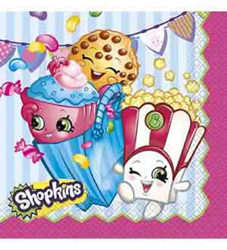 Colorful cartoon napkins featuring a smiling chocolate chip cookie, pink cupcake, and popcorn box on a pink and blue.