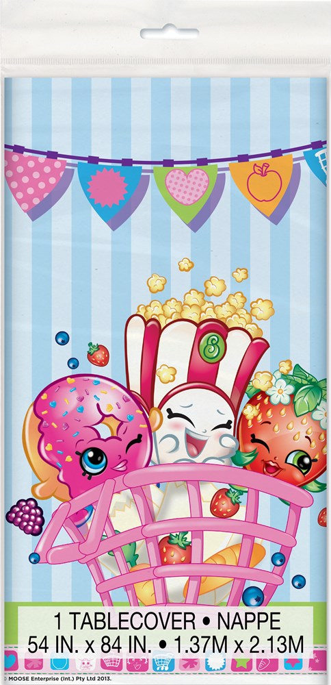 Blue and white striped Shopkins tablecover with colorful heart bunting and cartoon popcorn, octopus, and fruit characters.