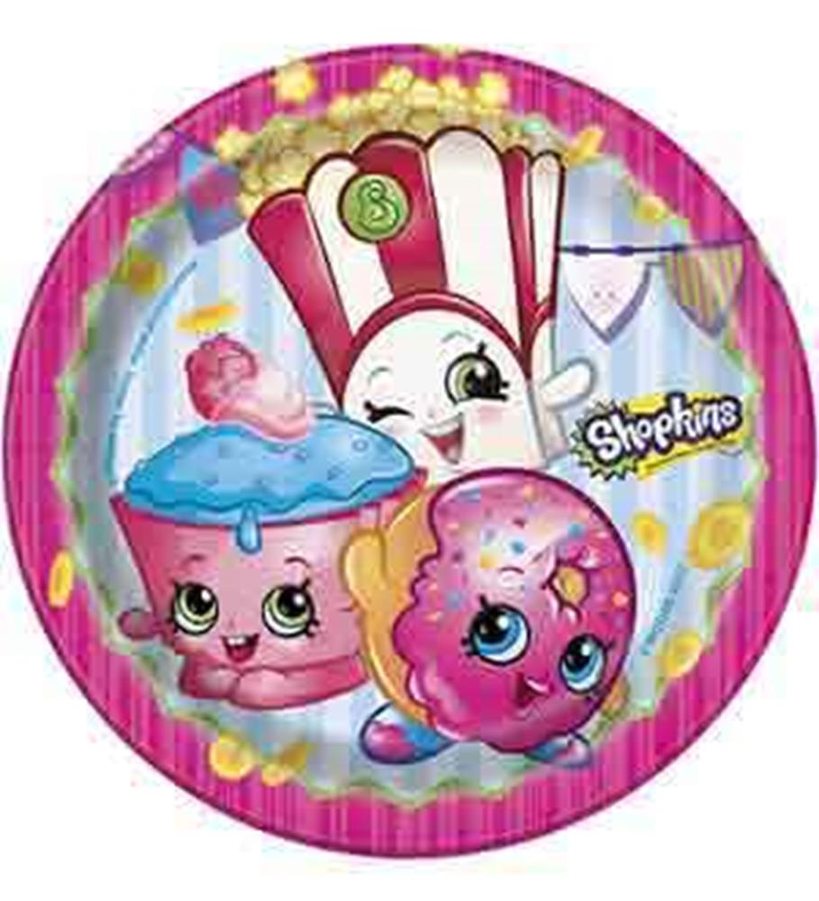 Round pink plastic plate featuring colorful Shopkins characters including a cupcake, donut, and french fry with happy faces.