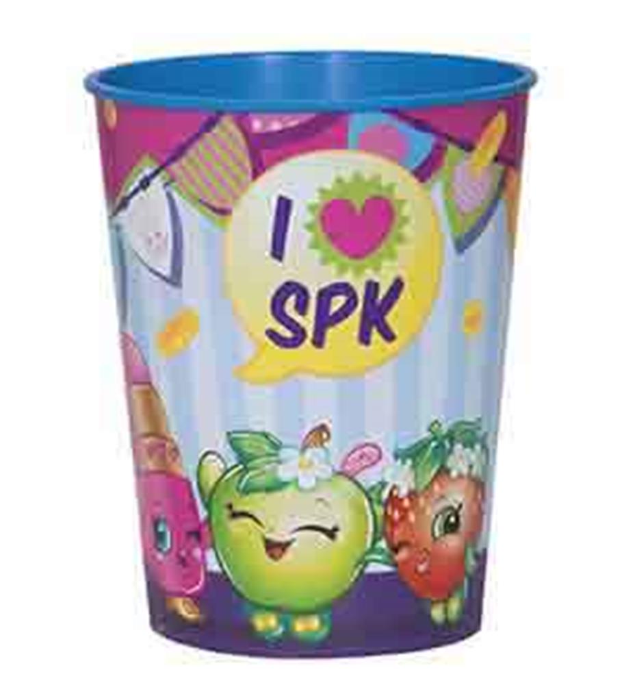 Colorful 16oz plastic party cup featuring smiling cartoon fruit characters and "I ♥ SPK" text on pink and blue background.