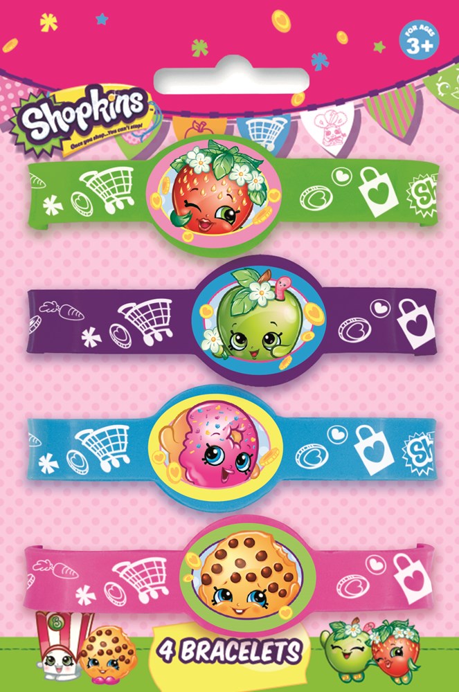 Set of four colorful rubber bracelets featuring cartoon fruit and cookie characters on pink, green, purple, and blue bands.