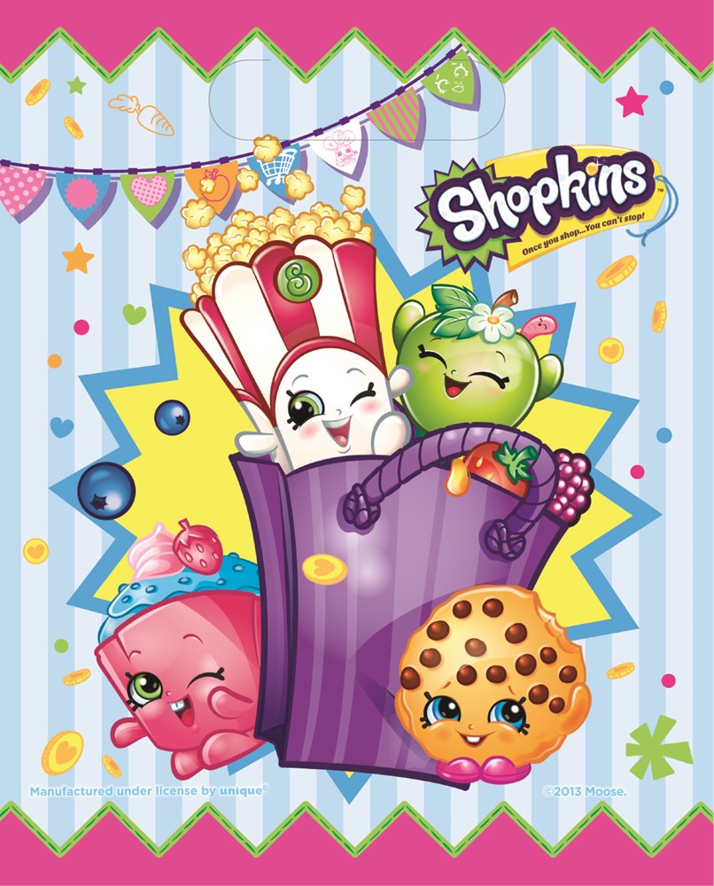 Colorful Shopkins characters popping out of a purple loot bag with a striped blue background and party decorations.