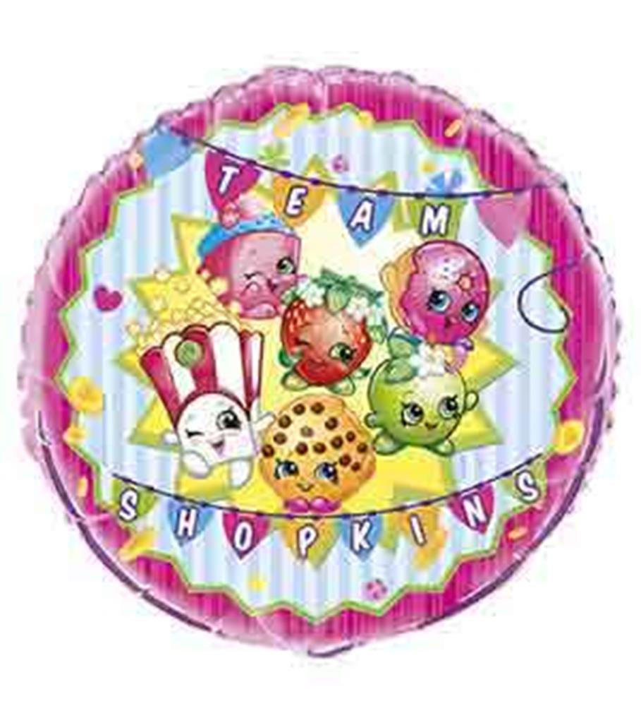 Round foil balloon with colorful Shopkins characters on a striped background, pink scalloped edge, and "Team Shopkins".