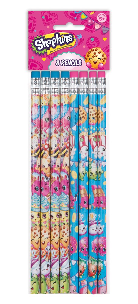 Set of eight Shopkins-themed wooden pencils with colorful cartoon character designs and pink erasers.