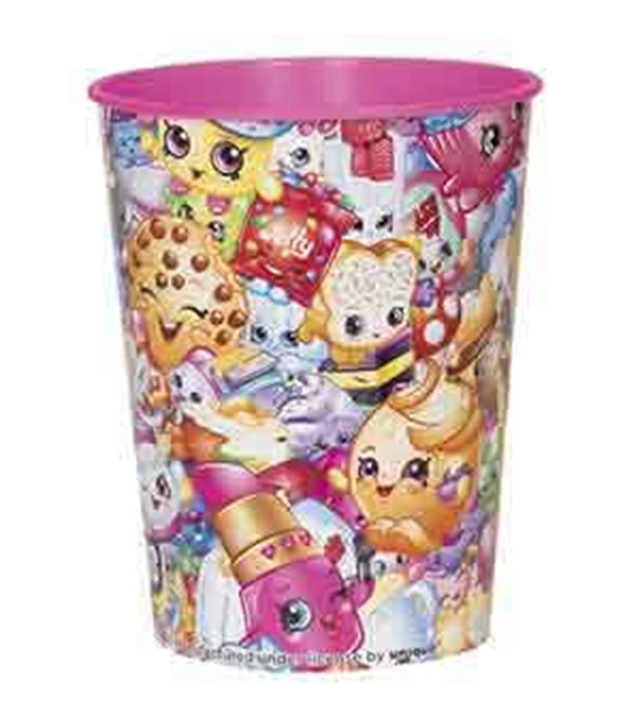 Pink plastic cup with colorful Shopkins characters and playful design, 16oz capacity.