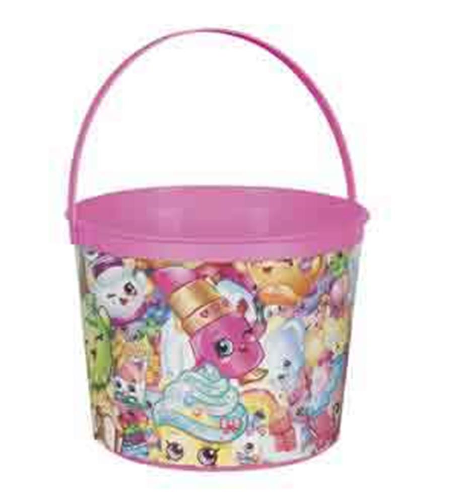 Pink plastic bucket with Shopkins characters and a handle for kids' party favors.
