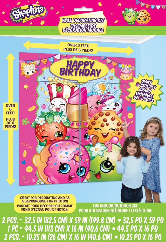 Shopkins-themed birthday wall decor kit with colorful cartoon fruit and dessert characters, "Happy Birthday" banner in.