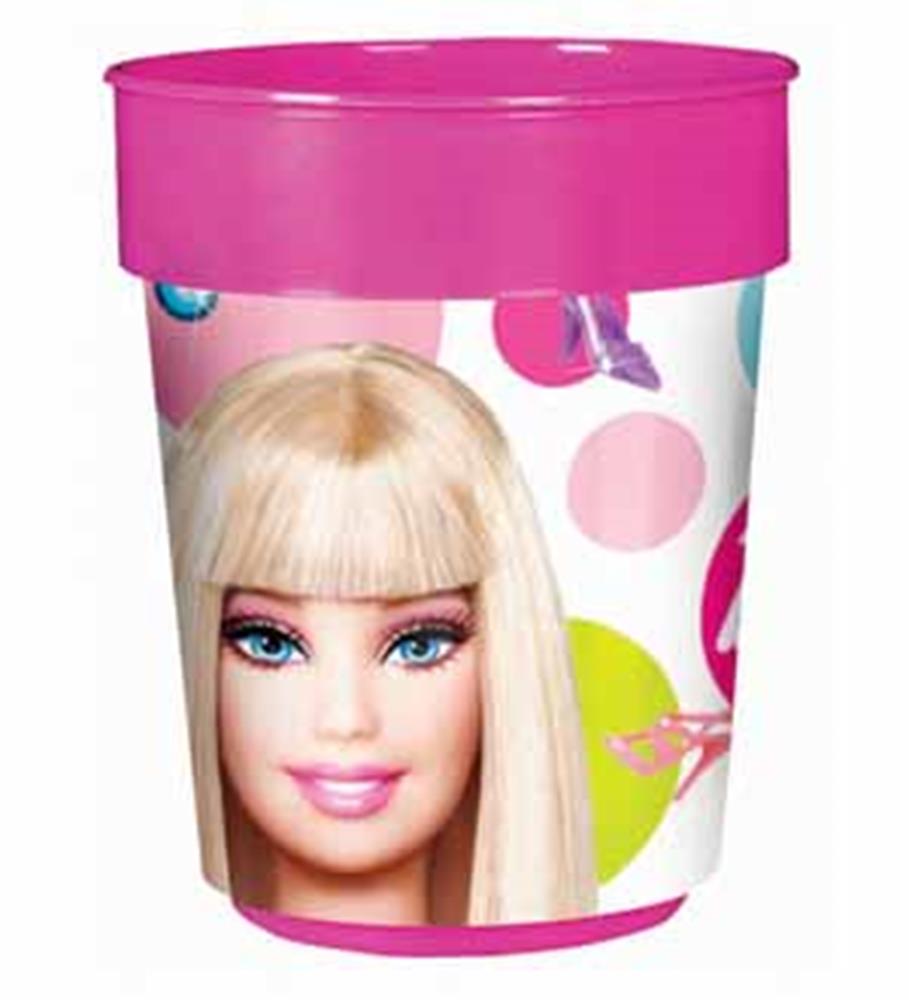 Plastic kids cup with pink lid and colorful Barbie doll face design.