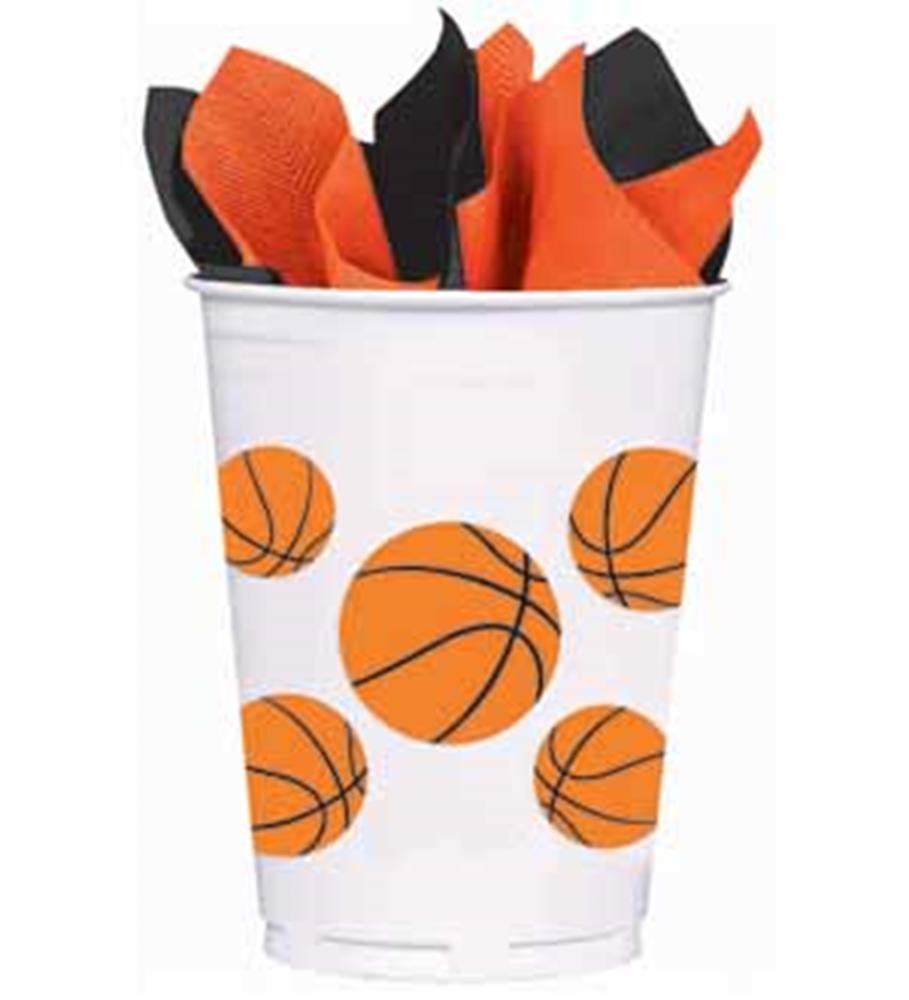 White plastic cup decorated with orange basketballs, filled with black and orange napkins.
