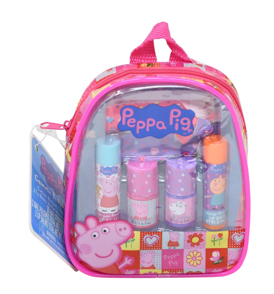 Pink mini backpack with Peppa Pig cosmetics set, clear front panel, cartoon character details.