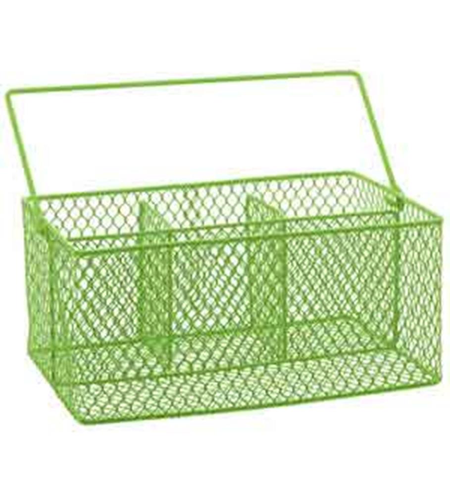 Green metal mesh utensil caddy with three compartments and a large handle.