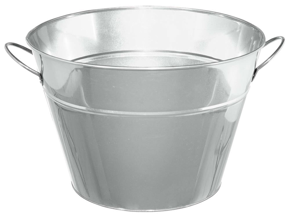 Silver metal party tub with tapered sides and two side handles.