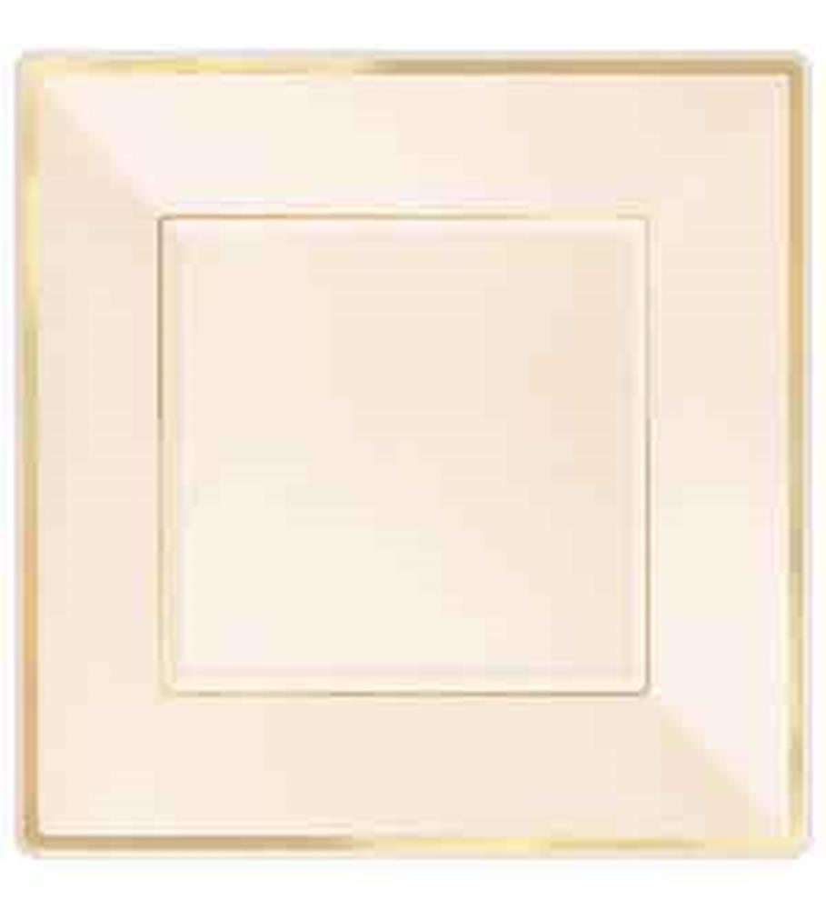 Square creme plastic plate with slightly raised edges and a subtle glossy finish, 9.75 inches wide.