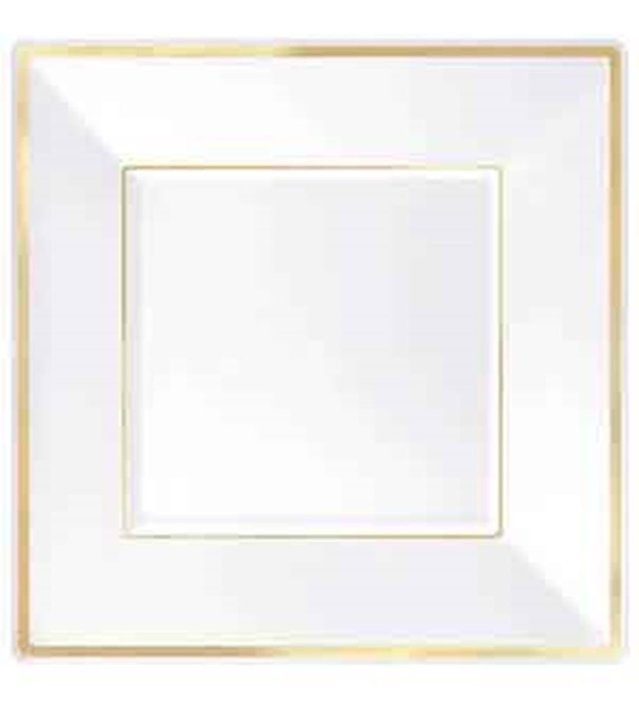 White square plastic plate with gold trim, 7.25 inches, glossy finish.
