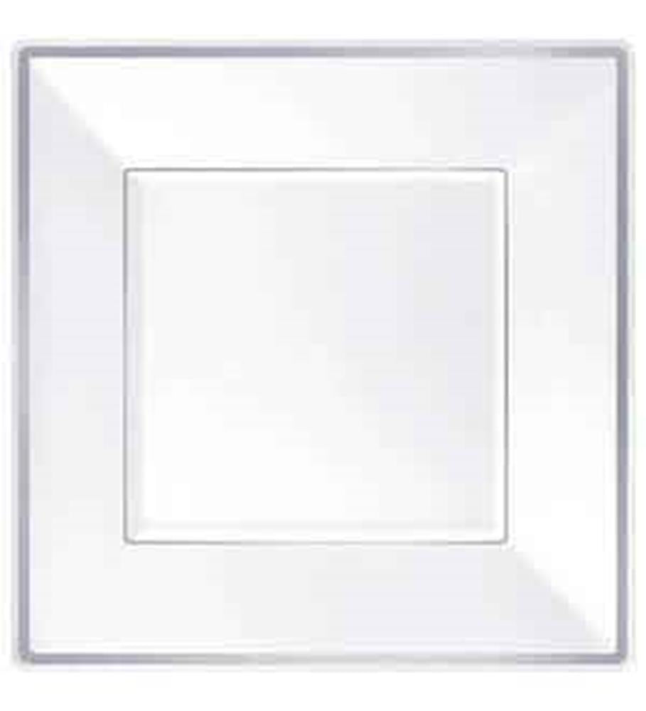 White square plastic plate with a slightly raised rim and glossy finish, 7.25 inches wide.