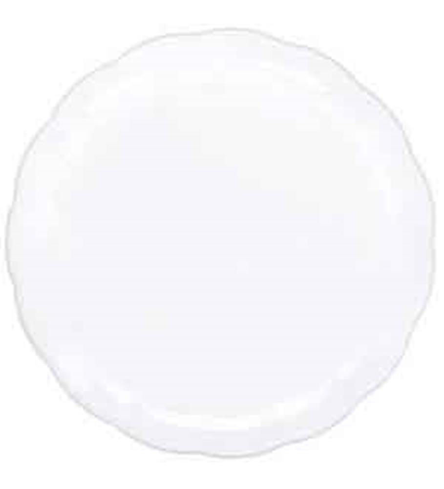 White 12-inch round tray with scalloped edges and smooth glossy finish.