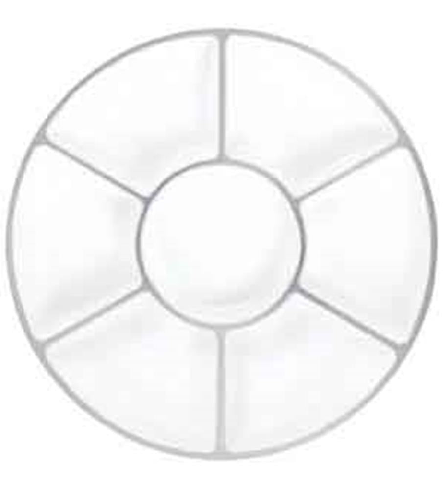Round white compartment tray with six equal sections and a circular center, 16 inches diameter.