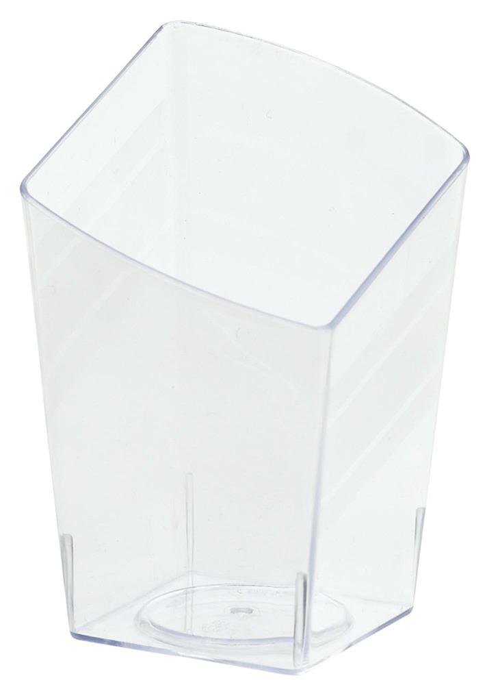 Clear mini tumbler with a unique slanted square shape, made of smooth plastic.