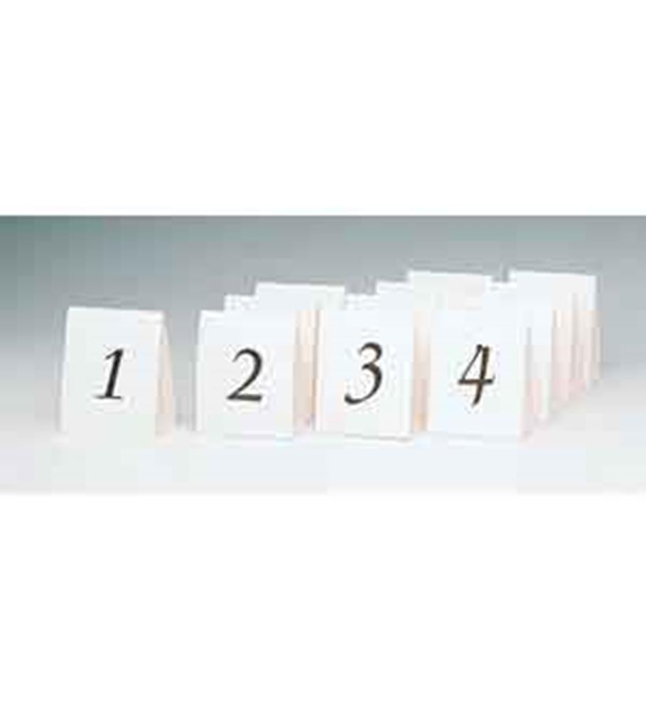 White folded tent place cards with black printed numbers 1 through 12 in a simple serif font, arranged in rows.