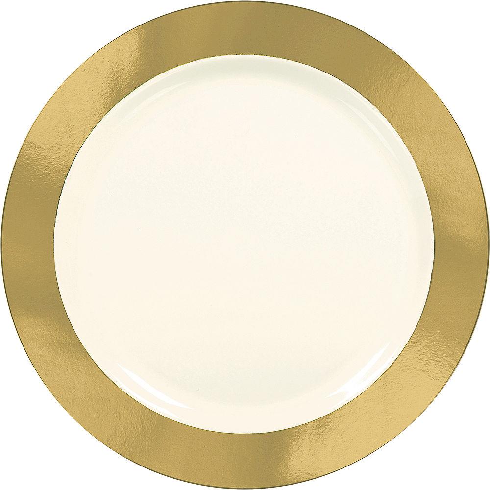 Cream round plate with wide shiny gold border, 10-inch diameter, elegant design.