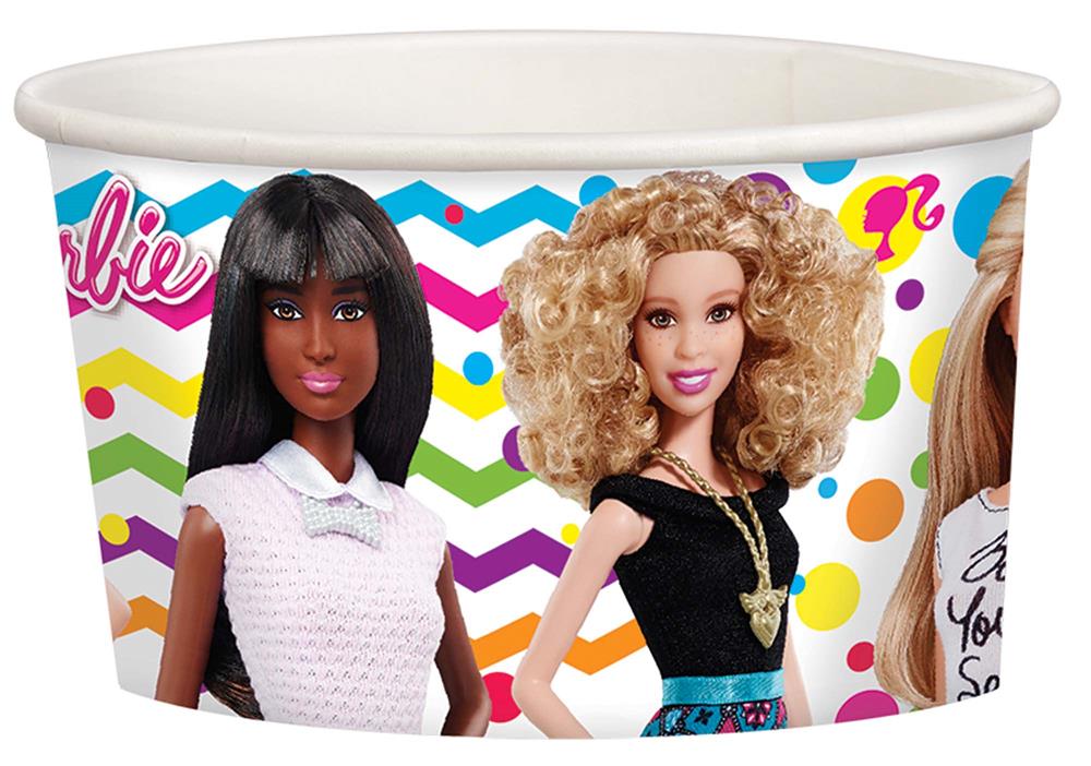 Colorful party cup featuring Barbie dolls with vibrant zigzag and polka dot background.