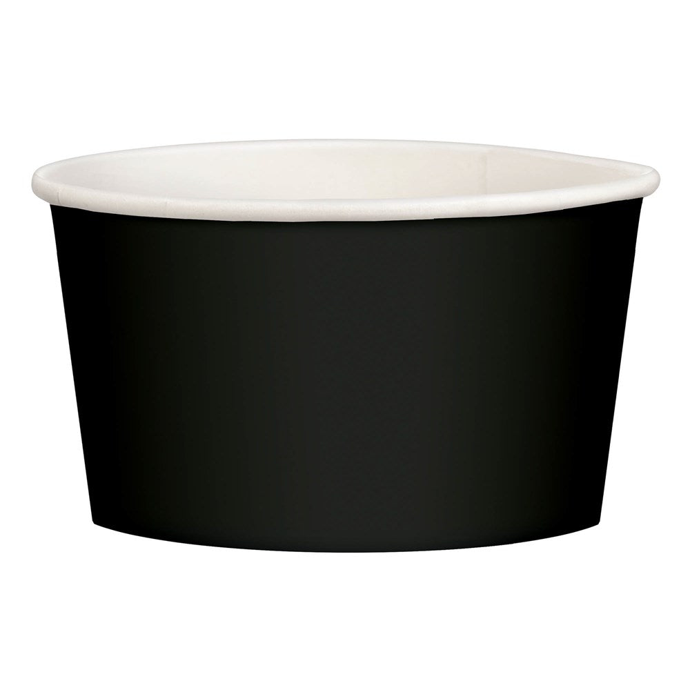 Black paper treat cup with white interior, round and tapered design.