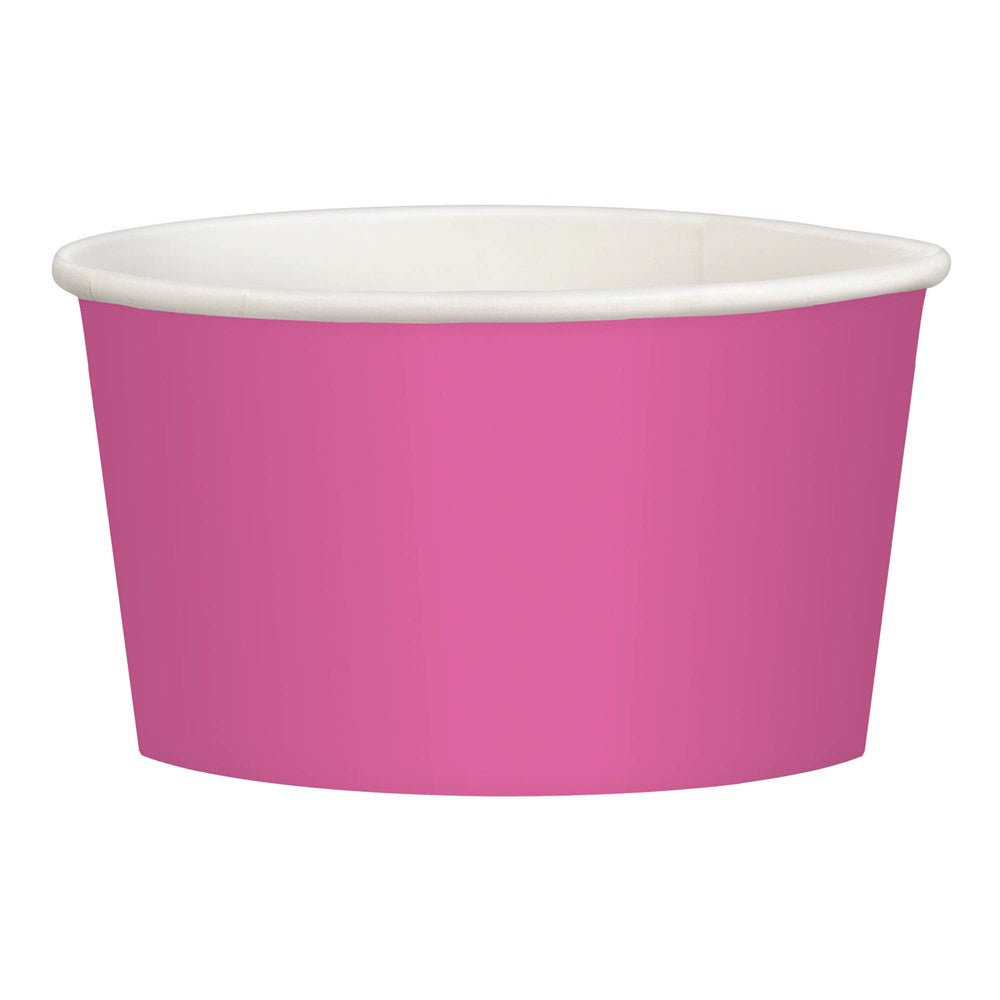 Bright pink disposable paper treat cup with white interior and rolled rim.