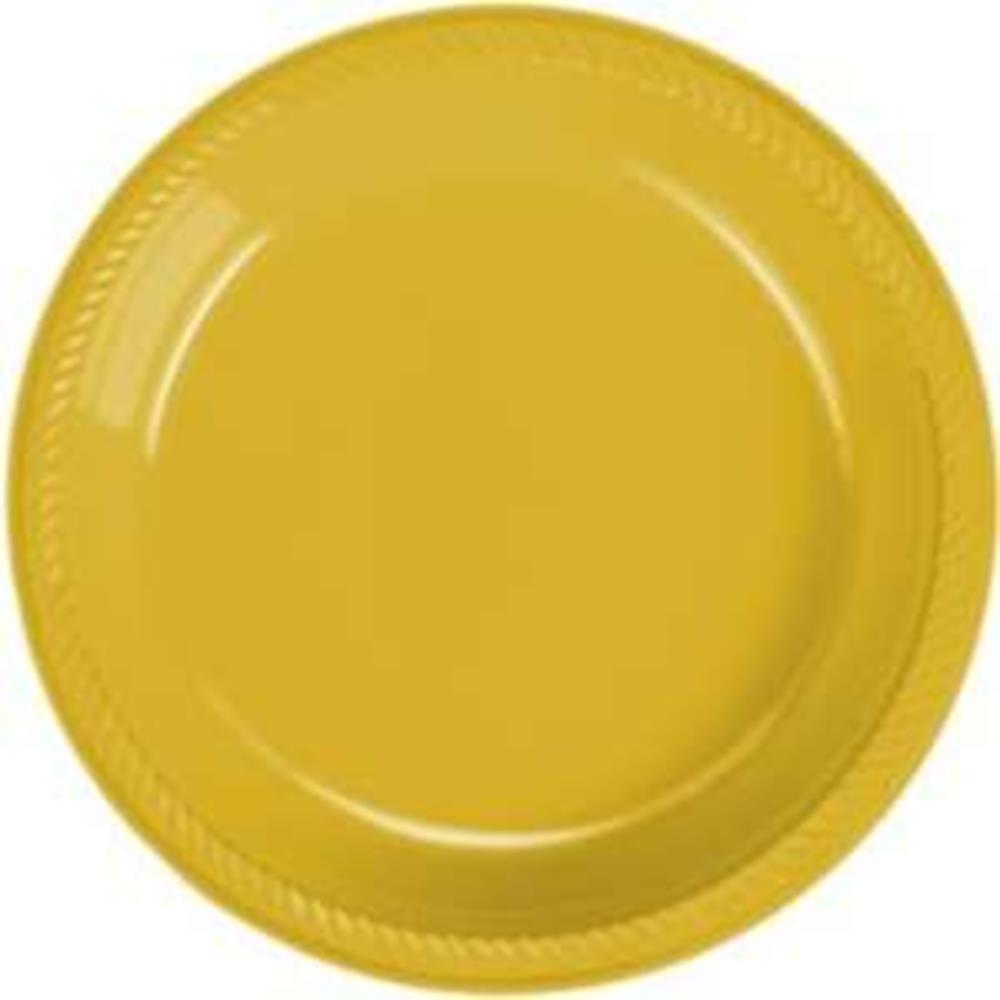 Round yellow plastic plate with a subtle textured rim, 7-inch diameter.