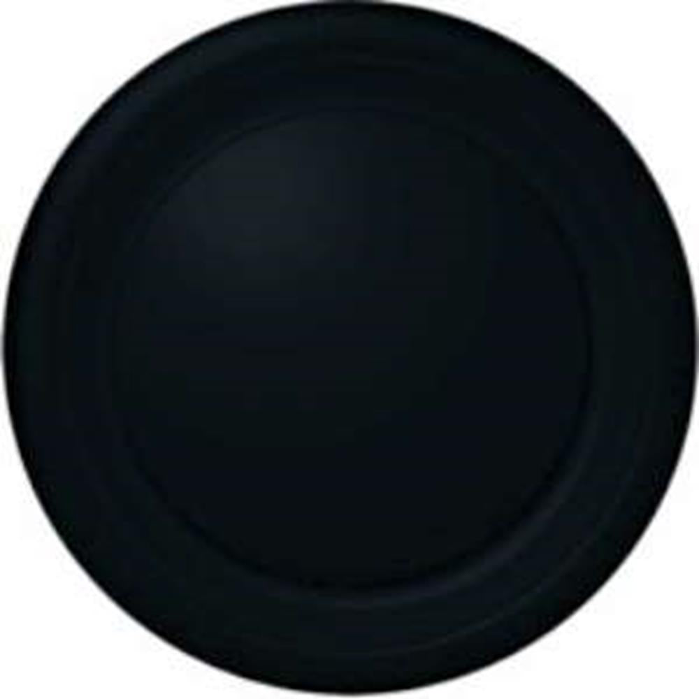 Jet black round plastic plate with smooth, slightly raised edges, 7-inch diameter.