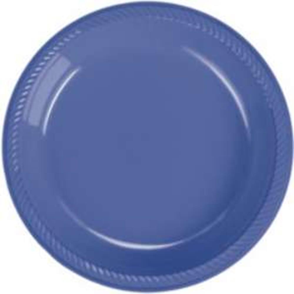 Round purple plastic plate with a 7-inch diameter and a simple embossed rim design.