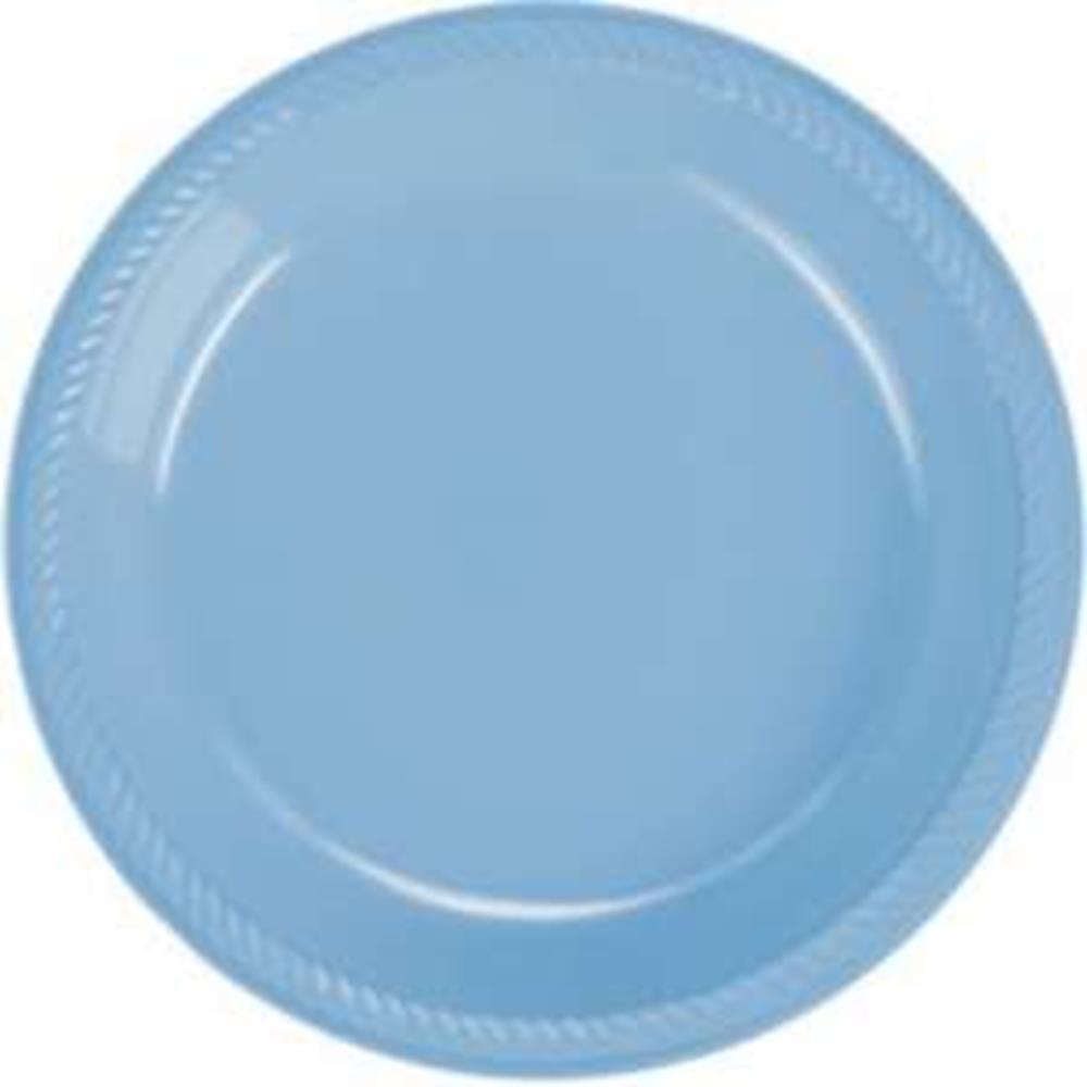 Round 7-inch pastel blue plastic plate with decorative embossed rim pattern, pack of 20.