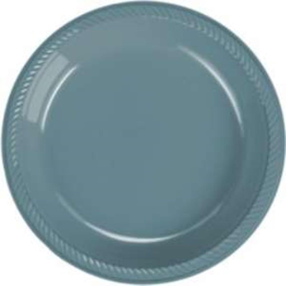 Round silver plastic plate with a 7-inch diameter and a subtle raised patterned rim.