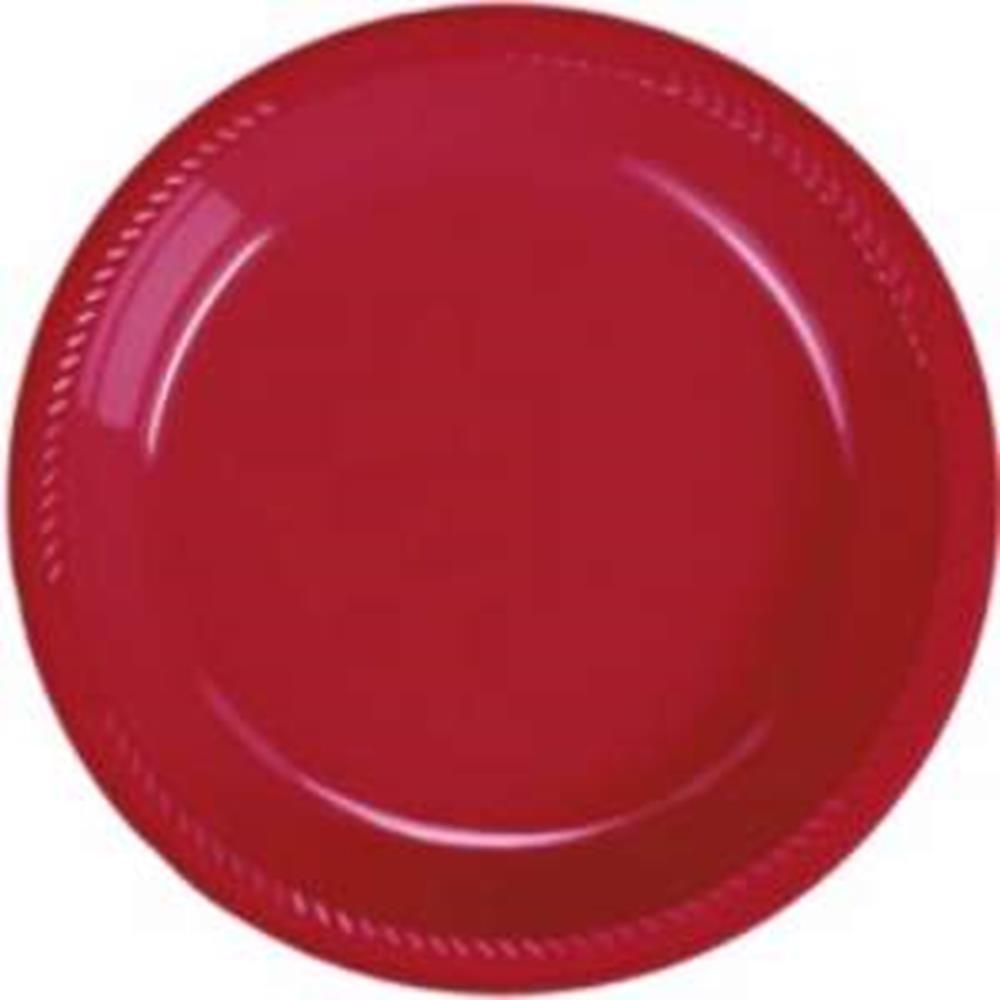 Red plastic plate with a glossy finish and decorative raised rim pattern.