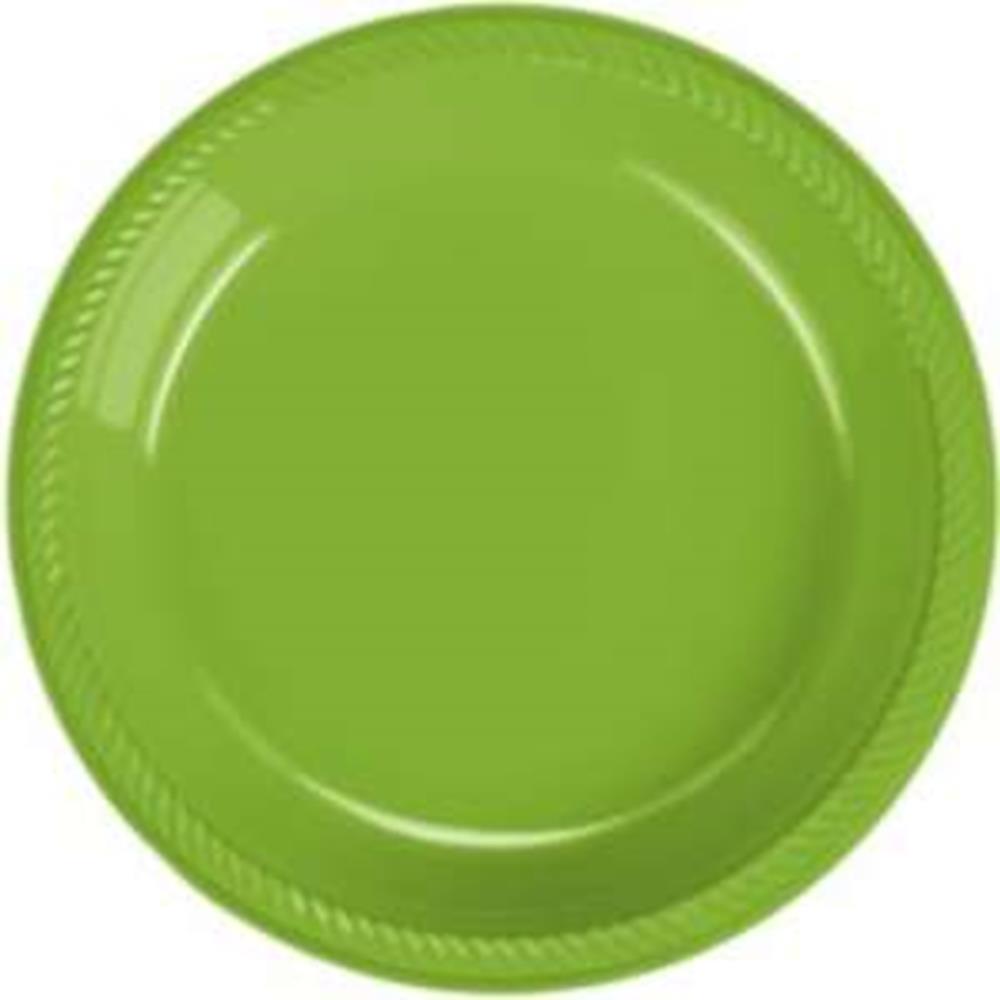 Bright kiwi green 7-inch round plastic plate with textured rim detail.