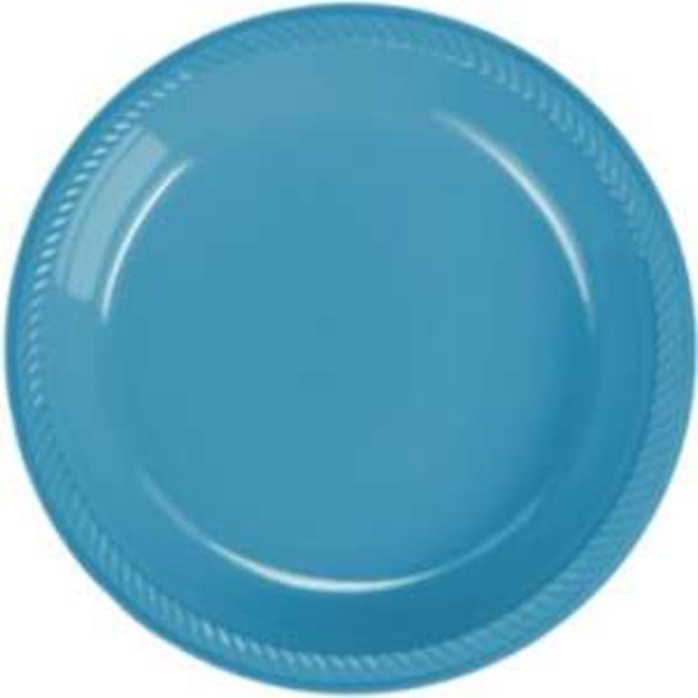 Round 7-inch Caribbean blue plastic plate with subtle rope-like embossed border.