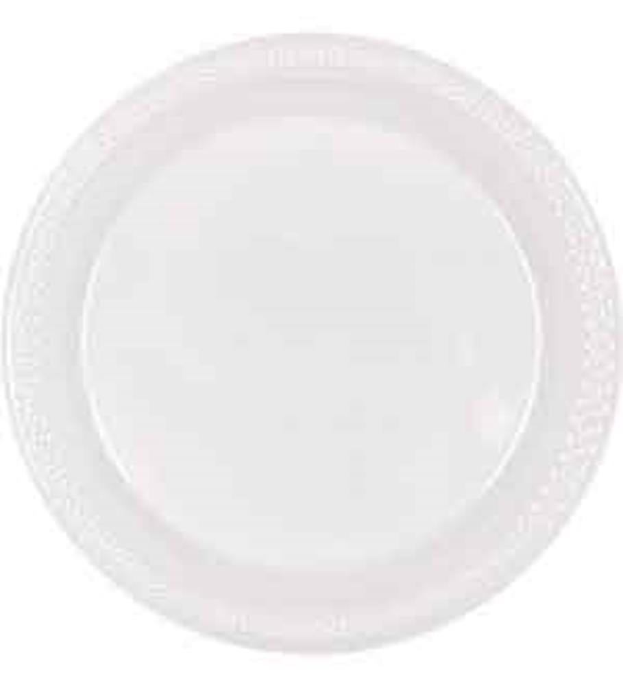 Clear round plastic plate with a 7-inch diameter and a textured rim.