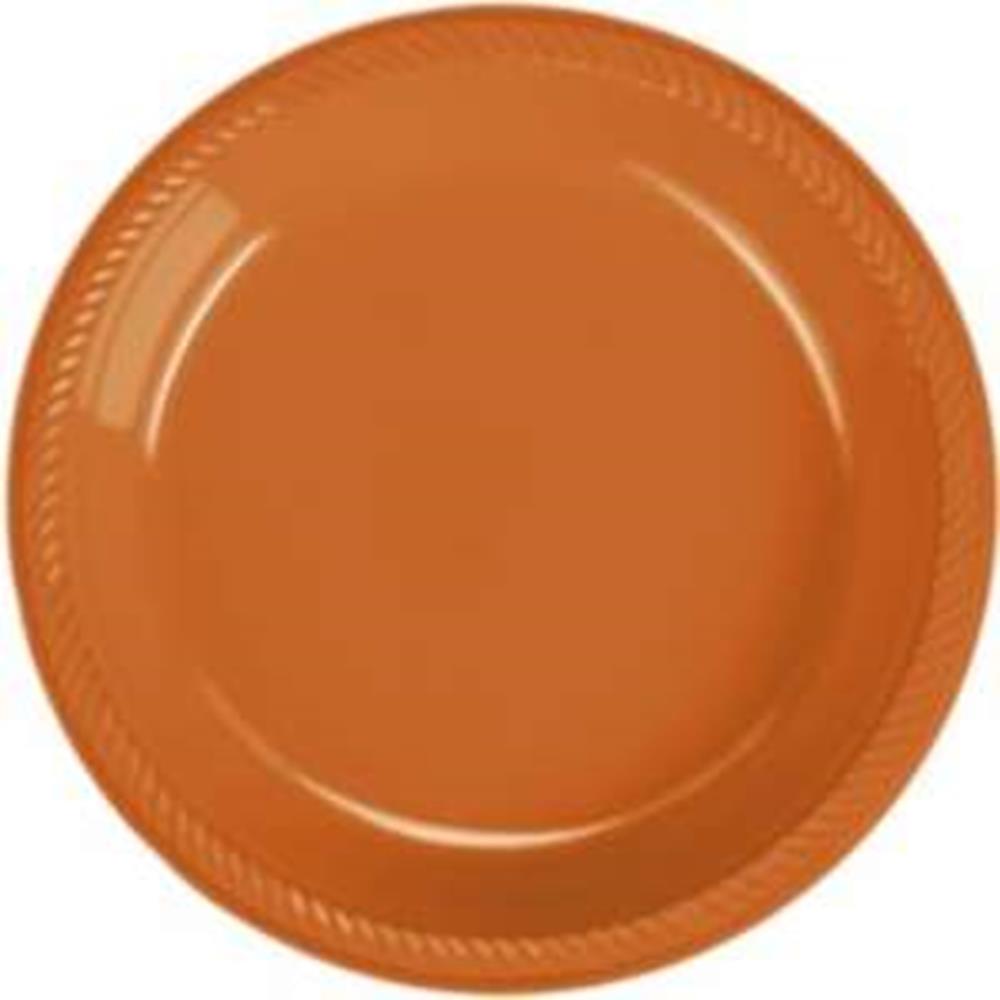 Round 9-inch bright orange plastic plate with a subtle textured rim design.