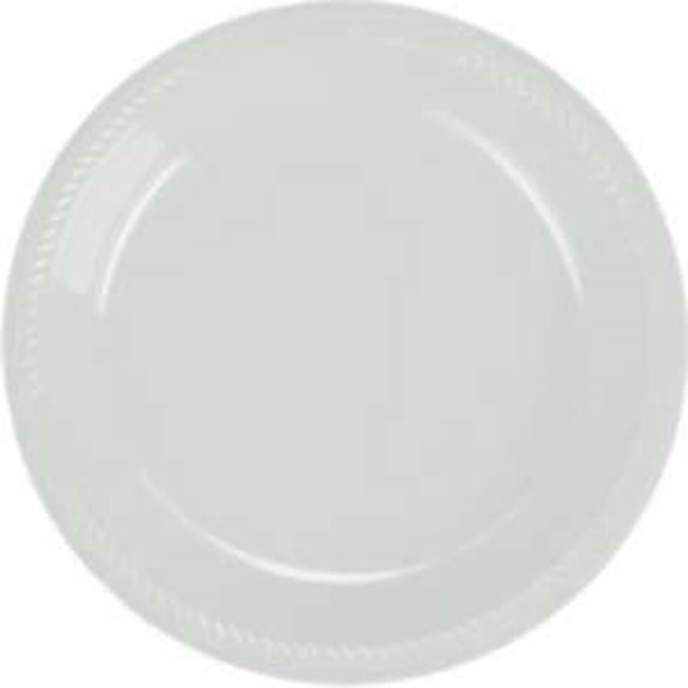 Frosty white 9-inch round plastic plate with subtle textured rim.