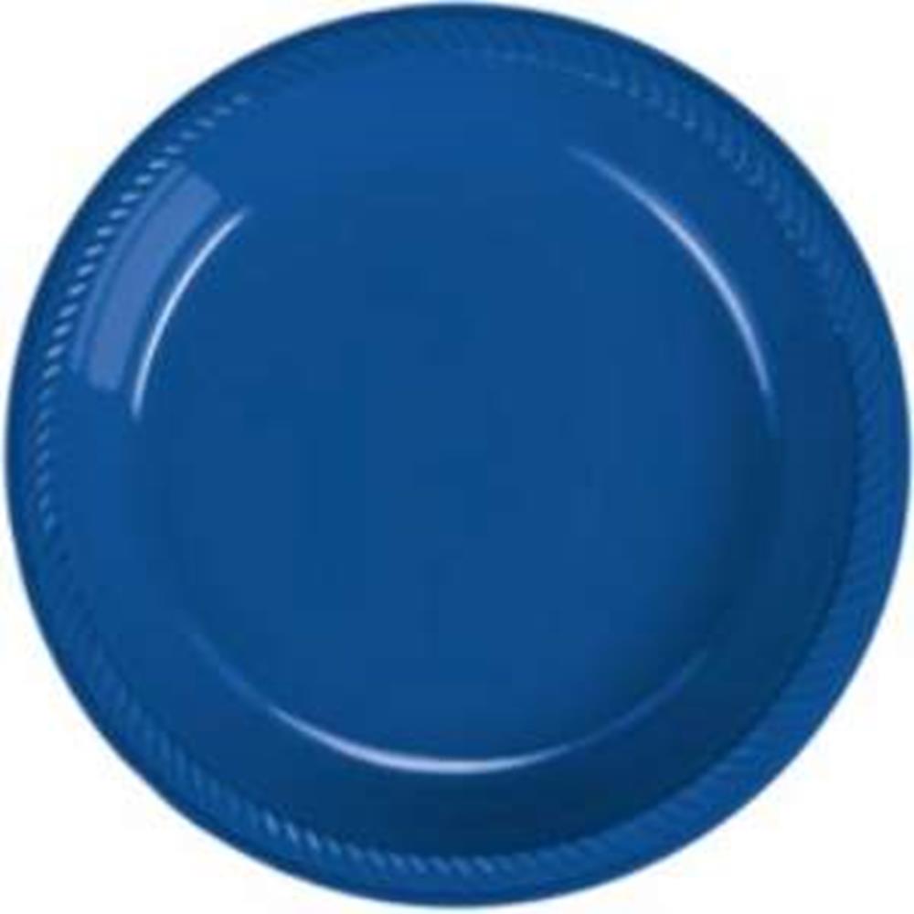 Bright royal blue round plastic plate with a subtle textured rim, 9-inch diameter.