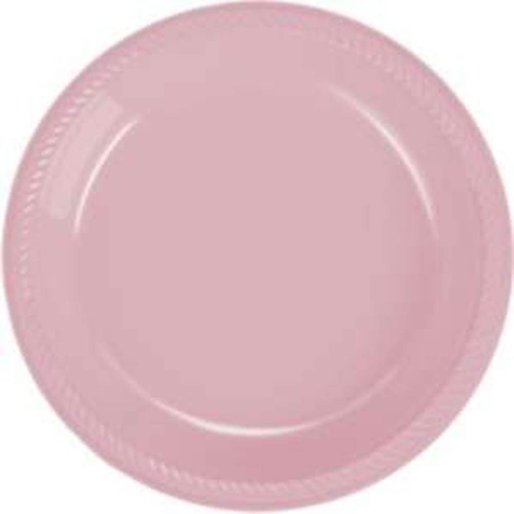 Round 9-inch pink plastic plate with a subtle textured rim, perfect for parties.