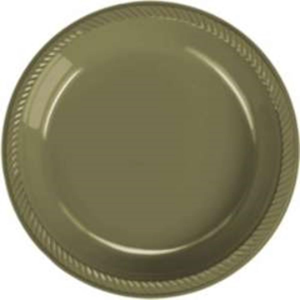 Round 9-inch gold plastic plate with a subtle rope-like embossed edge design.