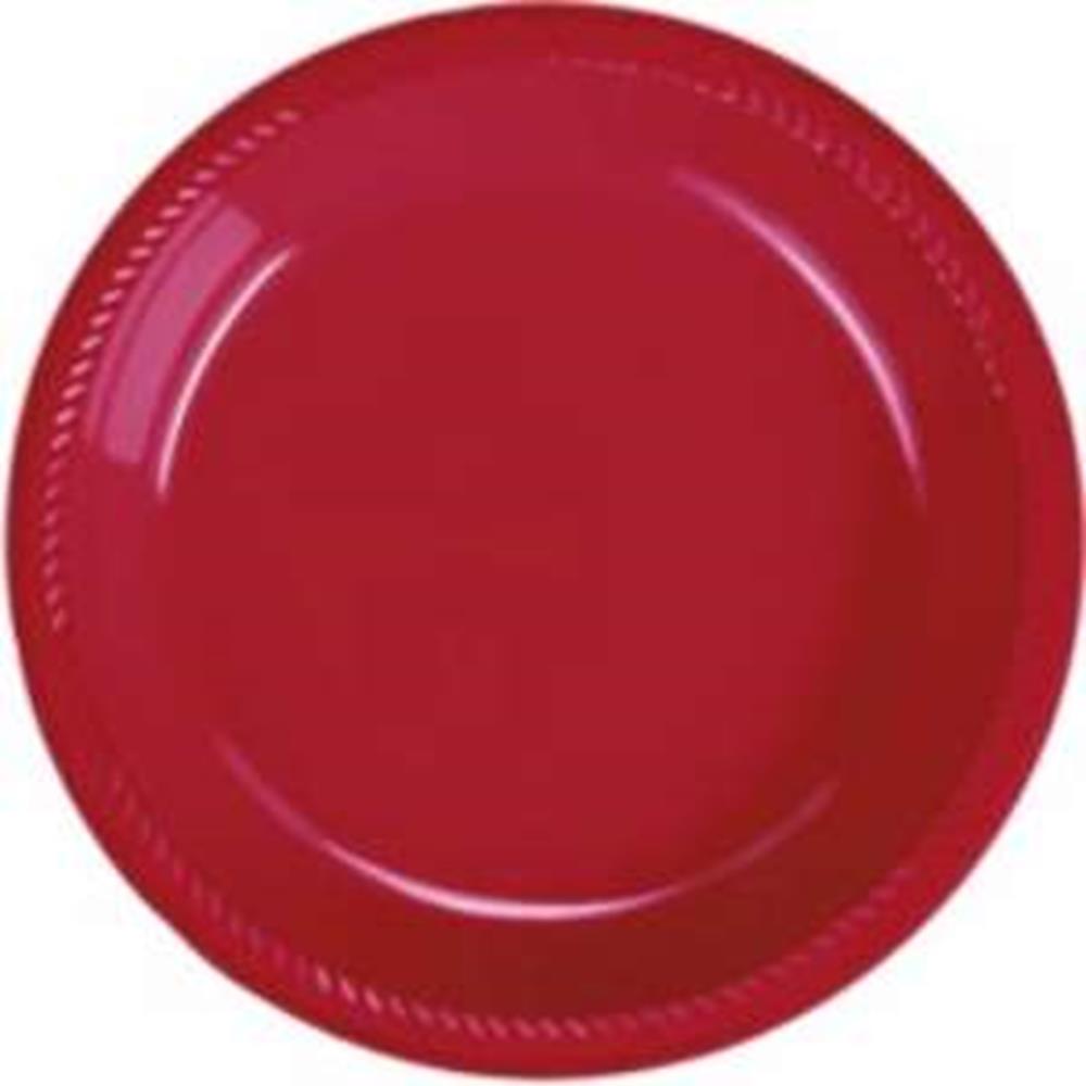 Round bright red plastic plate with a slightly raised patterned rim, 9-inch diameter.