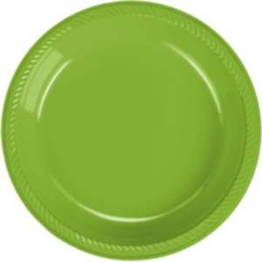 Bright kiwi green round plastic plate with a subtle embossed rim design, 9 inches wide.