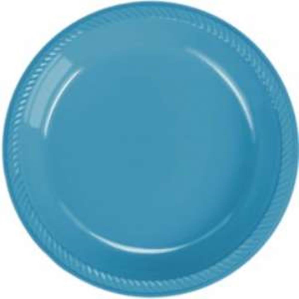 Round 9-inch plastic plate in Caribbean blue with a braided rim design.