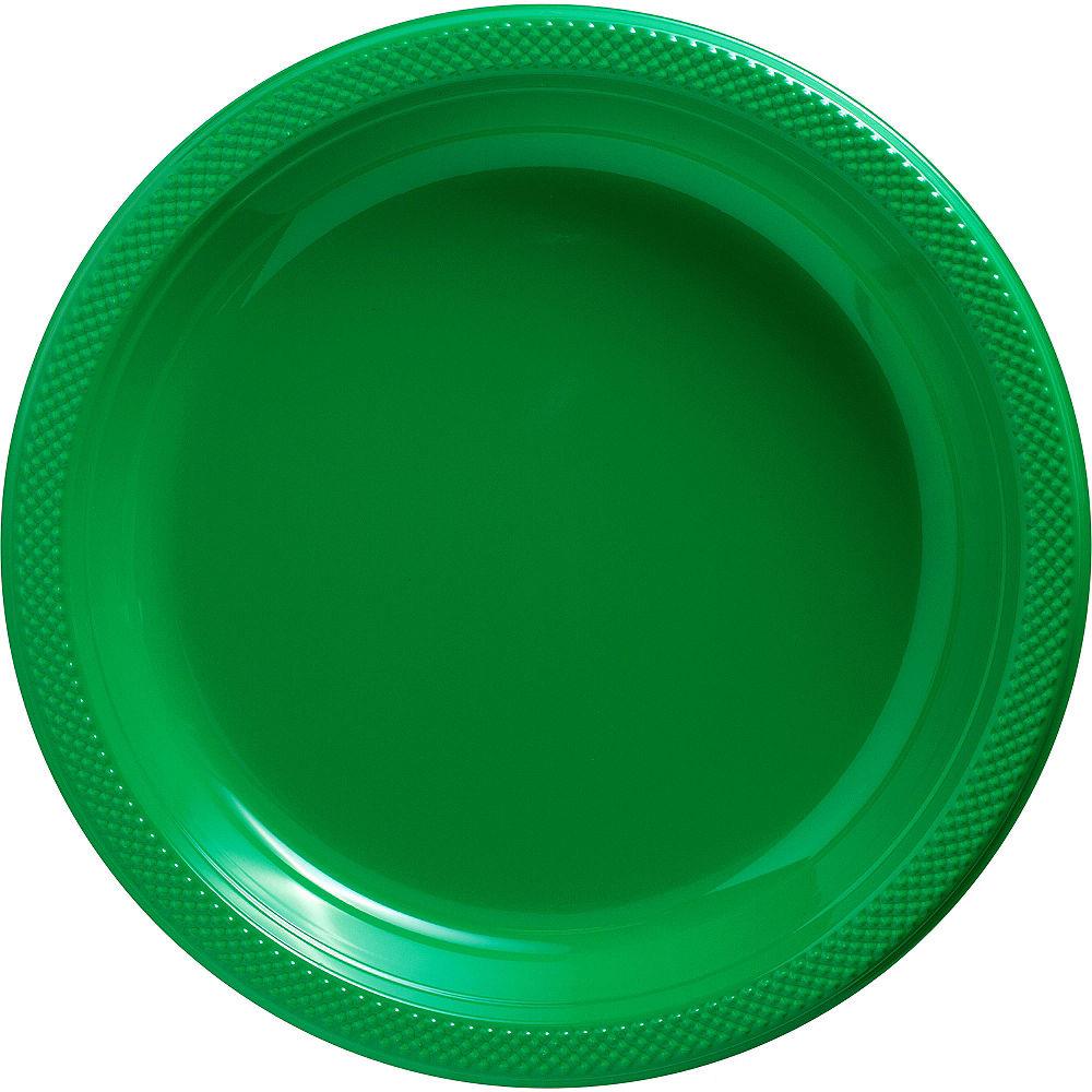 Round 10-inch glossy green plastic plate with textured rim, festive holiday style.