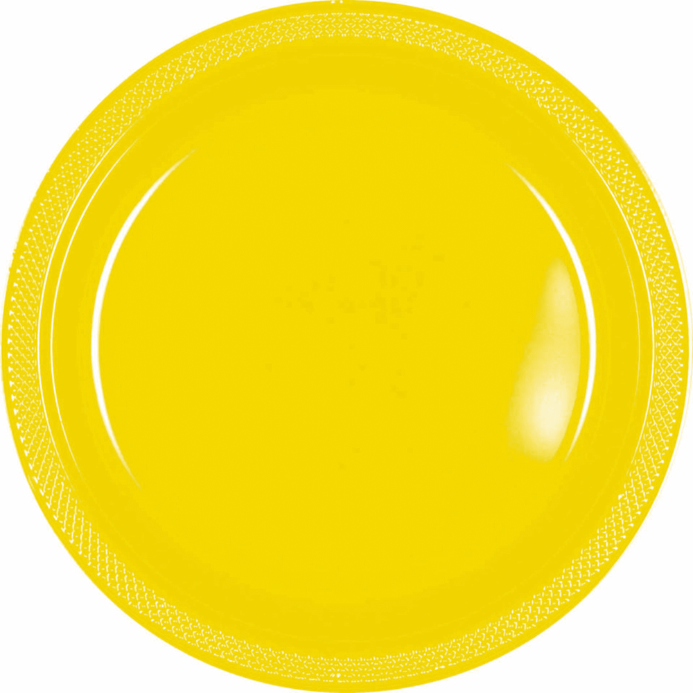 Bright yellow round plastic plate with a smooth glossy finish, 10 inches wide.