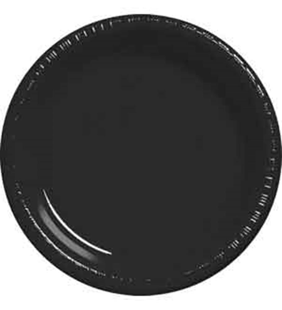 Round jet black plastic plate with a smooth glossy finish, 10-inch diameter.